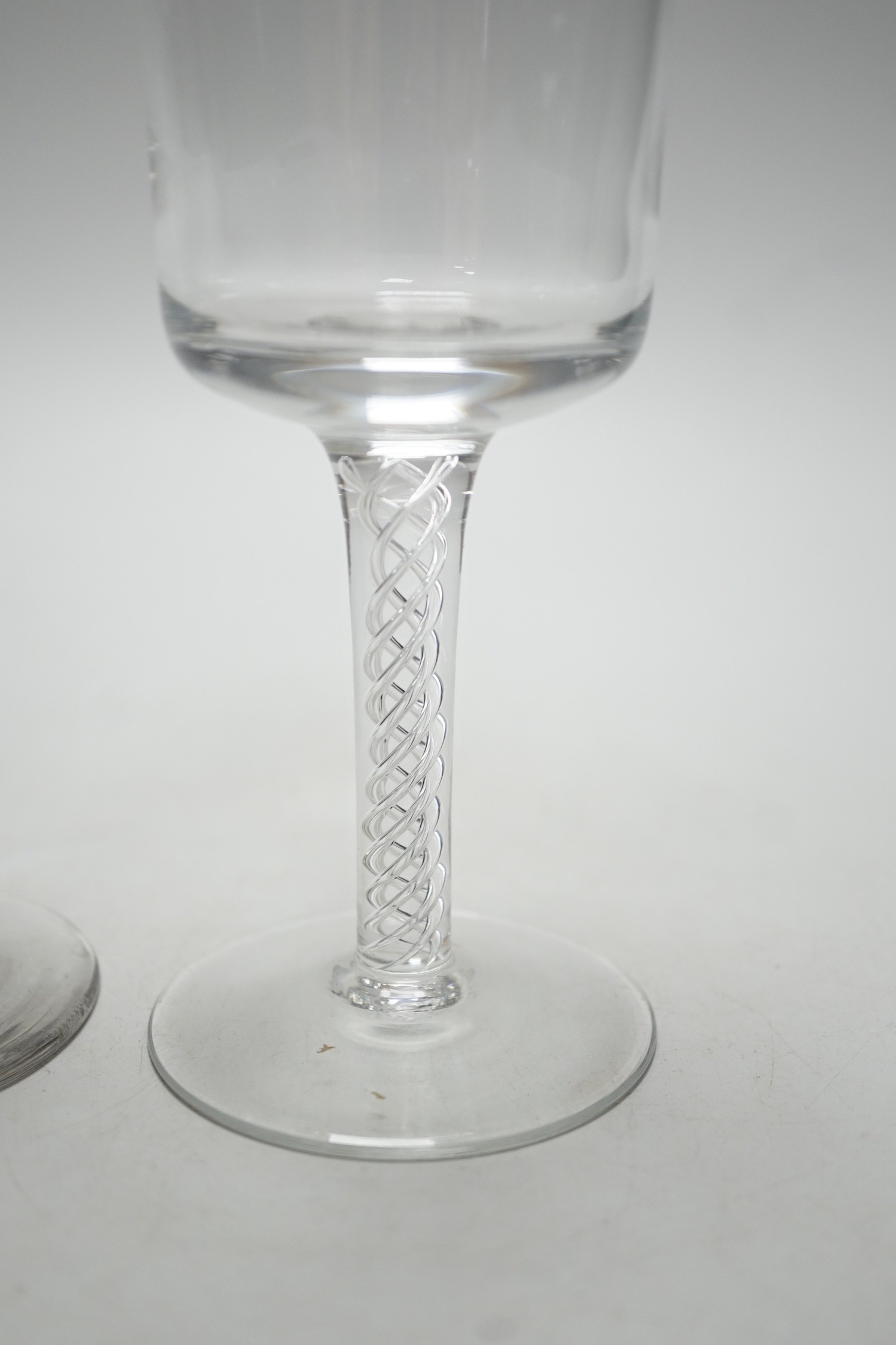 Two airtwist stem glasses, one in Jacobite style (2), tallest 16cms high